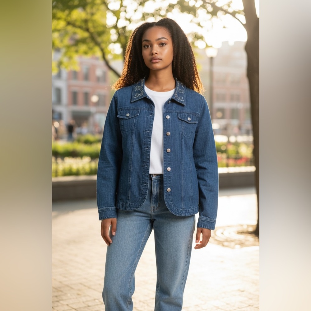 Womens Laura Ashley Blue Stretch Denim Jacket Embellished Western Size Large